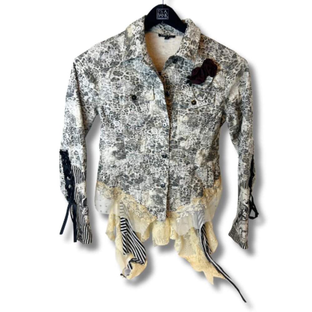 Boho Denim Jacket Women’s Small Lace Ruffle Embellished Cropped Victorian Y2K